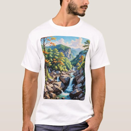 Serene Mountain Waterval Landschap T-shirt (Voorkant)