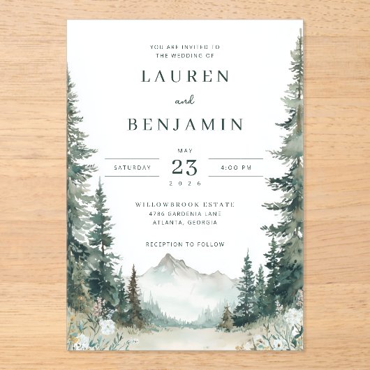 Serene Mountain Wedding Acryl Uitnodigingen (Voorkant)