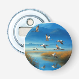 Serene natuur meer scène met vliegende kraanvogel button flesopener