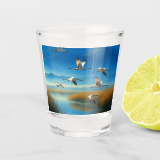 Serene natuur meer scène met vliegende kraanvogel shot glas
