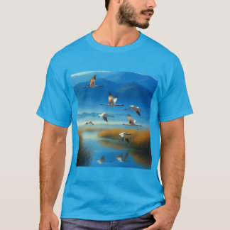 Serene natuur meer scène met vliegende kraanvogel t-shirt