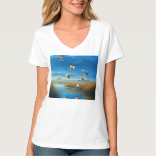 Serene natuur meer scène met vliegende kraanvogel t-shirt