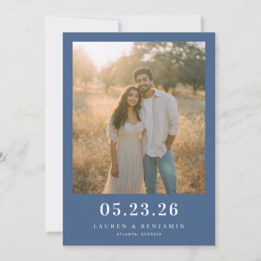 Serene Navy Natuurgetrouwe Foto Save The Date (Voorkant)