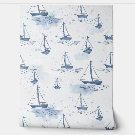 Serene Navyblauwe Zeilboten Patroon Behang (Afrollen)