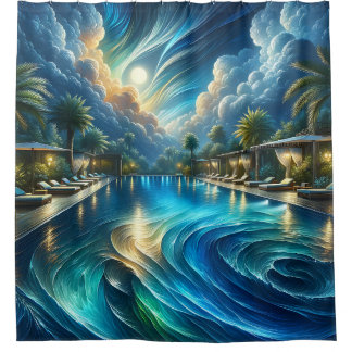 "Serene Night Pool Scene - Levendige kunst in de b Douchegordijn