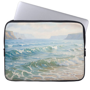 Serene Oceaan Golven Breken Zandstrand Kust Laptop Sleeve
