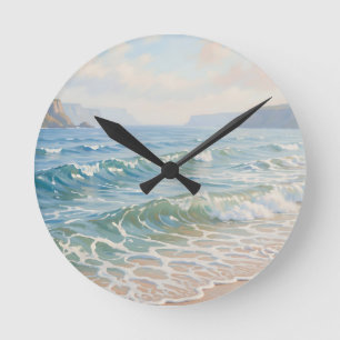 Serene Oceaan Golven Kletterende Zandige Kust Ronde Klok