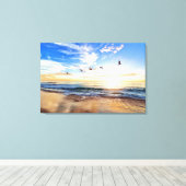 Serene Ocean Sunrise Birds Blue Sky Golden Shore Canvas Afdruk (Insitu (Houten vloer))