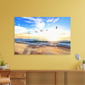 Serene Ocean Sunrise Birds Blue Sky Golden Shore Canvas Afdruk (Insitu (Woonkamer))