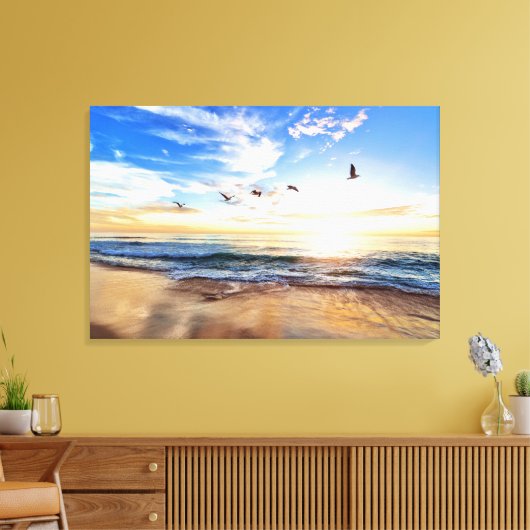 Serene Ocean Sunrise Birds Blue Sky Golden Shore Canvas Afdruk (Insitu (Woonkamer))