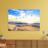 Serene Ocean Sunrise Birds Blue Sky Golden Shore Canvas Afdruk (Insitu (Woonkamer))