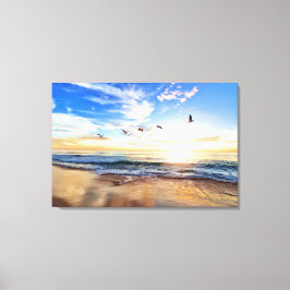 Serene Ocean Sunrise Birds Blue Sky Golden Shore Canvas Afdruk