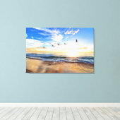 Serene Ocean Sunrise Birds Blue Sky Golden Shore Canvas Afdruk (Insitu (Houten vloer))