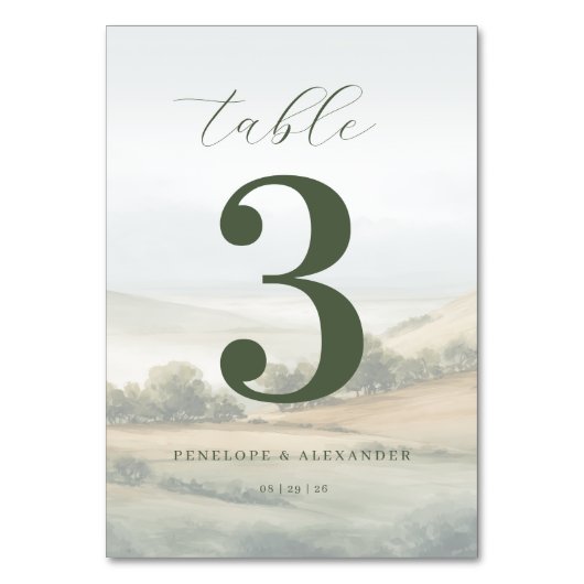 Serene Olive Landscape Table Number Kaart (Voorkant)