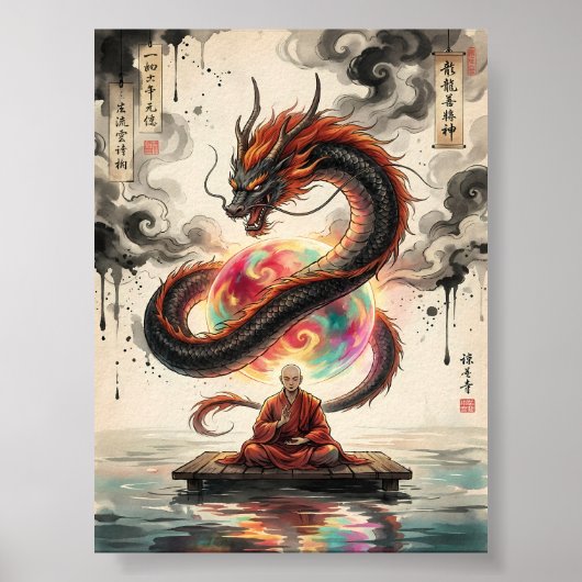 Serene Ontmoeting: Monnik en de Hemelse Draak Poster (Voorkant)