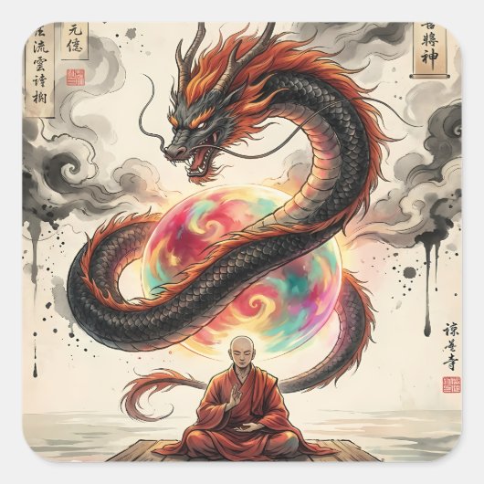 Serene Ontmoeting: Monnik en de Hemelse Draak Vierkante Sticker (Voorkant)
