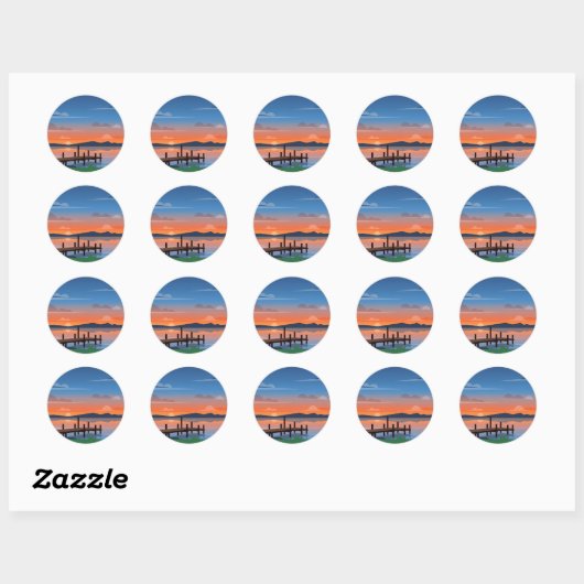 Serene Orange Lake Sunset Dock Scene Ronde Sticker (Vel)
