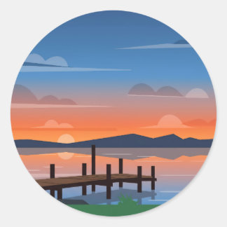 Serene Orange Lake Sunset Dock Scene Ronde Sticker