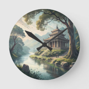Serene Oude Tempel aan de Rivier – Waterverf Fanta Ronde Klok