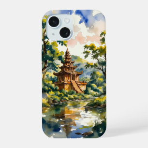 Serene Oude Tempel aan de Rivier – Waterverf iPhone 15 Case