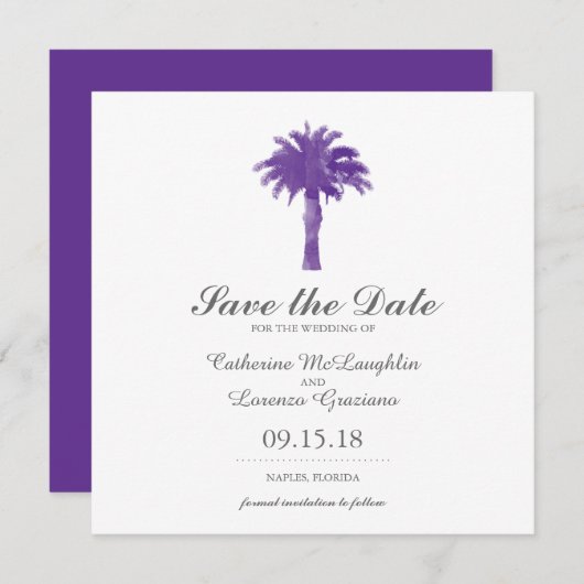 Serene Palm Tree Paarse Waterverf | Datum opslaan Save The Date (Voorkant / Achterkant)