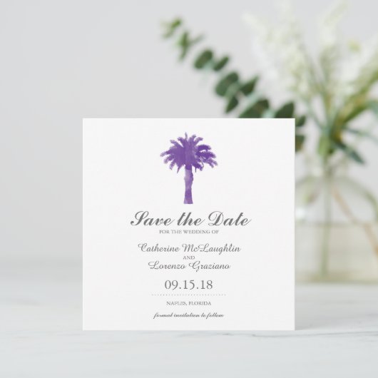 Serene Palm Tree Paarse Waterverf | Datum opslaan Save The Date (Staand voorkant)