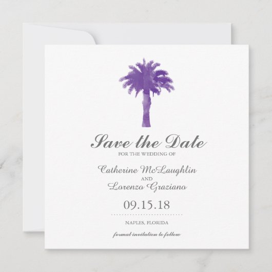 Serene Palm Tree Paarse Waterverf | Datum opslaan Save The Date (Voorkant)