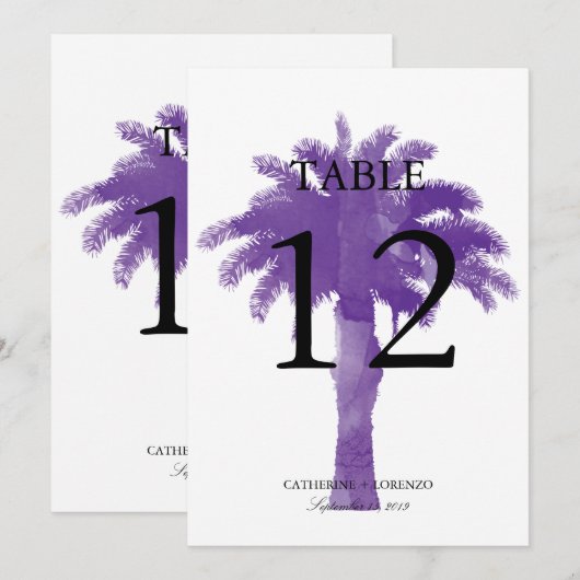 Serene palmboom Paarse Waterverf | Tabelnummer Kaart (Voorkant / Achterkant)