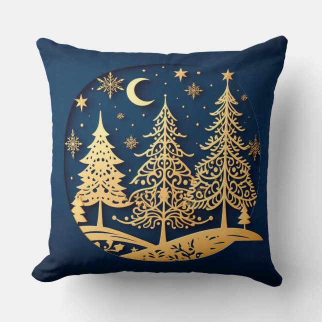 Serene Papercut Pines – Maanverlichte Woud Kussen (Voorkant)
