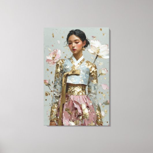 Serene Pastel Hanbok en Goud Folie Canvas Kunst (Voorkant)