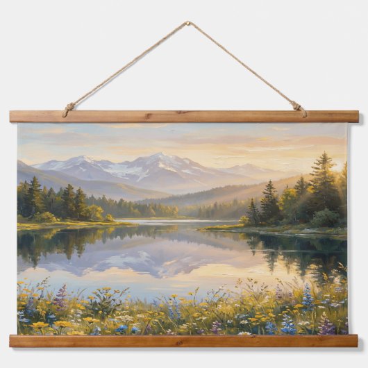 Serene Pastel Landscape Tapestry – Mountains, Lake Hangend Wandkleed (Voorkant)
