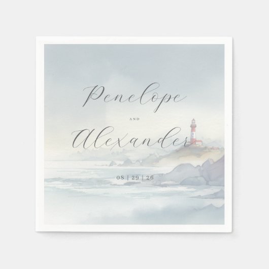 Serene Pastelkleurige Kustvuurtoren Servet (Voorkant)