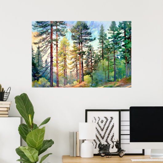 Serene Pine Forest Waterverf Art Print (Thuiskantoor)