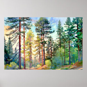 Serene Pine Forest Waterverf Art Print