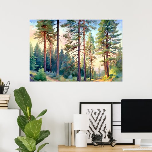 Serene Pine Forest Waterverf Art Print (Thuiskantoor)