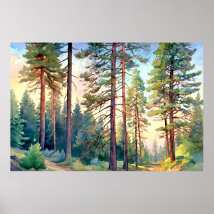 Serene Pine Forest Waterverf Art Print