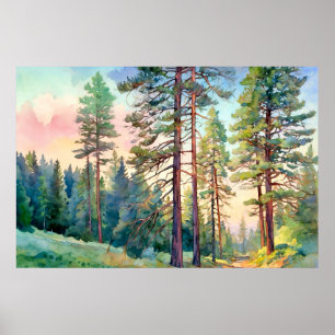 Serene Pine Forest Waterverf Art Print