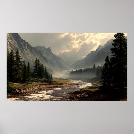 Serene River Flowing Through Mountain Hill Valley Poster (Voorkant)