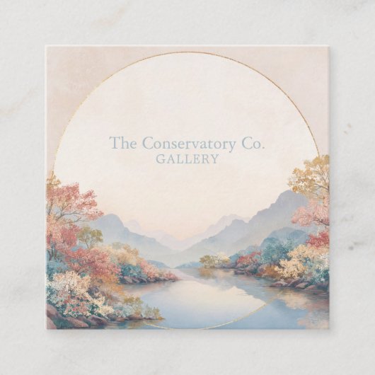 Serene River Landscape Gold Circle Autumnal Floral Vierkante Visitekaartje (Voorkant)