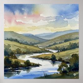 Serene River Landscape Waterverf Poster