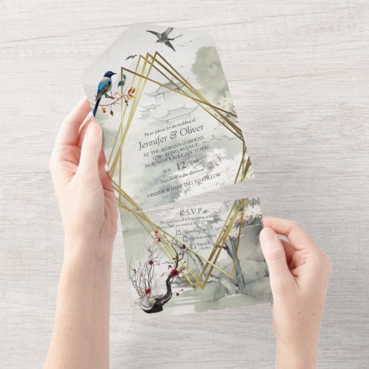 Serene rust Japans thema All In One Uitnodiging (Afscheurbaar)