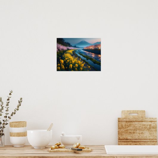 Serene Sakura en Bloesems met Majestic Berg Poster (Keuken)