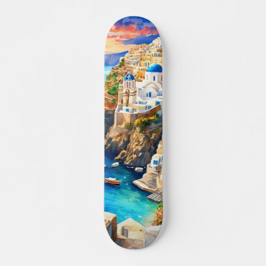 Serene "Santorini Sunset" Waterverf Persoonlijk Skateboard (Voorkant)