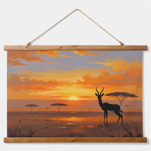 Serene Savanne Zonsondergang – Wilde Landschapskun Hangend Wandkleed (Voorkant)
