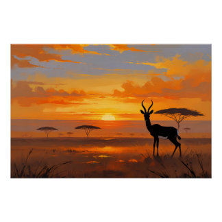 Serene Savanne Zonsondergang – Wilde Landschapskun Perfect Poster
