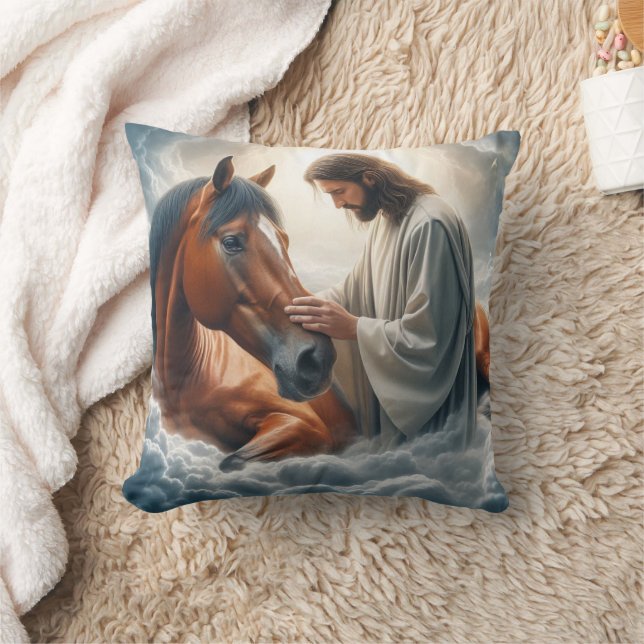 Serene scène van compassie met Jezus en paard  Kussen (Deken)