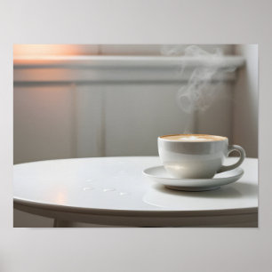 Serene Scene: Witte Tafel met een Stoombeker Poster