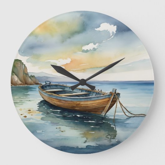 Serene Seascape: Waterverf Boat Clock Grote Klok (Voorkant)