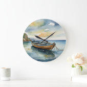 Serene Seascape: Waterverf Boat Clock Grote Klok (Huis)