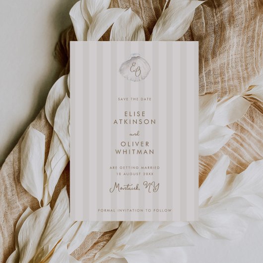 Serene Shell Monogram Kuststrepen Trouwfeest Save The Date